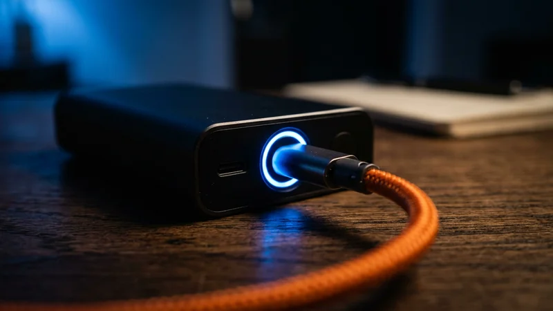 পাওয়ার ব্যাঙ্কের পোর্টে কমলা ব্রেইডেড USB-C কেবল কানেক্টেড — পোর্টের চারপাশে নীল LED রিং আলো, ফাস্ট চার্জিং চলছে, ম্যাক্রো ক্লোজ-আপ