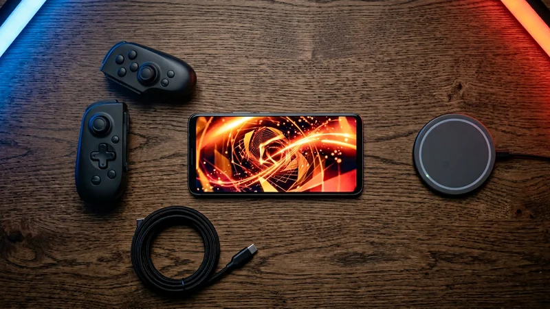 OnePlus Ace 6 Ultra গেমিং ফোন এবং ডিটাচেবল গেমিং কন্ট্রোলার, USB-C কেবল ও ওয়্যারলেস চার্জিং প্যাড — উপর থেকে ফ্ল্যাট-লে কাঠের ডেস্ক