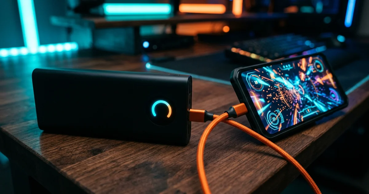 OnePlus Ace 6 Ultra গেমিং ফোন কালো পাওয়ার ব্যাঙ্কের সঙ্গে কমলা USB-C কেবল দিয়ে কানেক্টেড — গেমিং ডেস্কে নীল-কমলা অ্যাম্বিয়েন্ট আলো