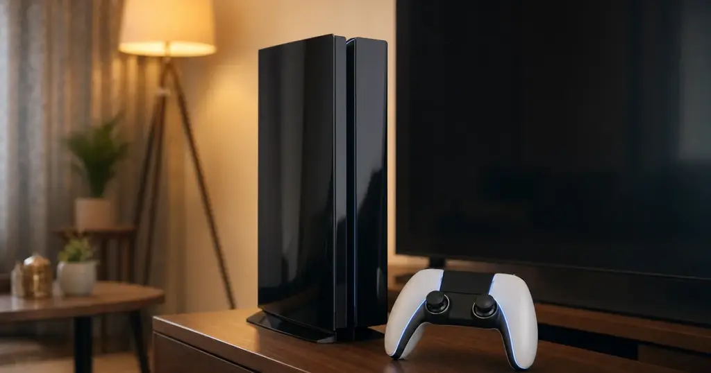 Sony PS5 Pro কনসোল ও DualSense কন্ট্রোলার ভারতীয় বাড়ির কাঠের TV ক্যাবিনেটে — ভারতে অফিসিয়ালি অনুপলব্ধ প্রিমিয়াম গেমিং কনসোল