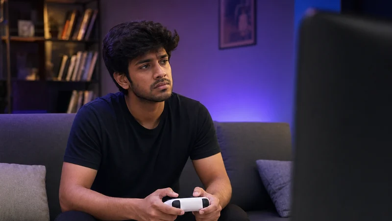 ভারতীয় তরুণ গেমার সোফায় বসে কন্ট্রোলার হাতে চিন্তিত মুখে — PS5 Pro ভারতে অনুপলব্ধতার হতাশা