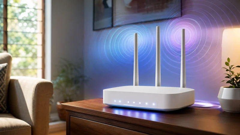 Wi-Fi 7 রাউটার তিনটি অ্যান্টেনা সহ ভারতীয় বাড়ির সাইড টেবিলে, পেছনে ৬GHz ওয়াইফাই সিগন্যাল ওয়েভের অ্যাবস্ট্রাক্ট ভিজ্যুয়ালাইজেশন