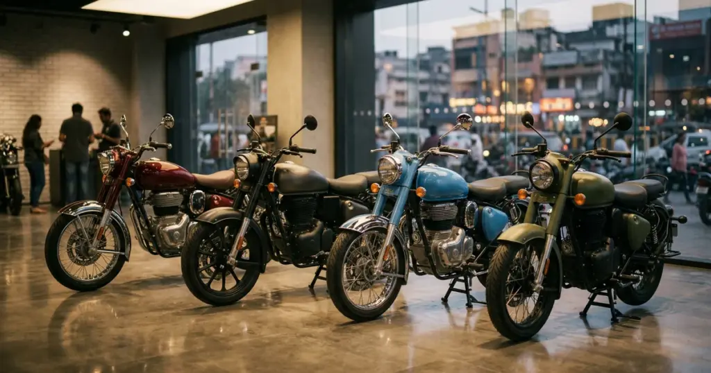 Royal Enfield মার্চ ২০২৬ বিক্রি — চারটি ৩৫০cc রেট্রো ক্লাসিক বাইক প্রিমিয়াম শোরুমে পাশাপাশি সাজানো, মেরুন-গানমেটাল-নীল-অলিভ গ্রিন রঙ