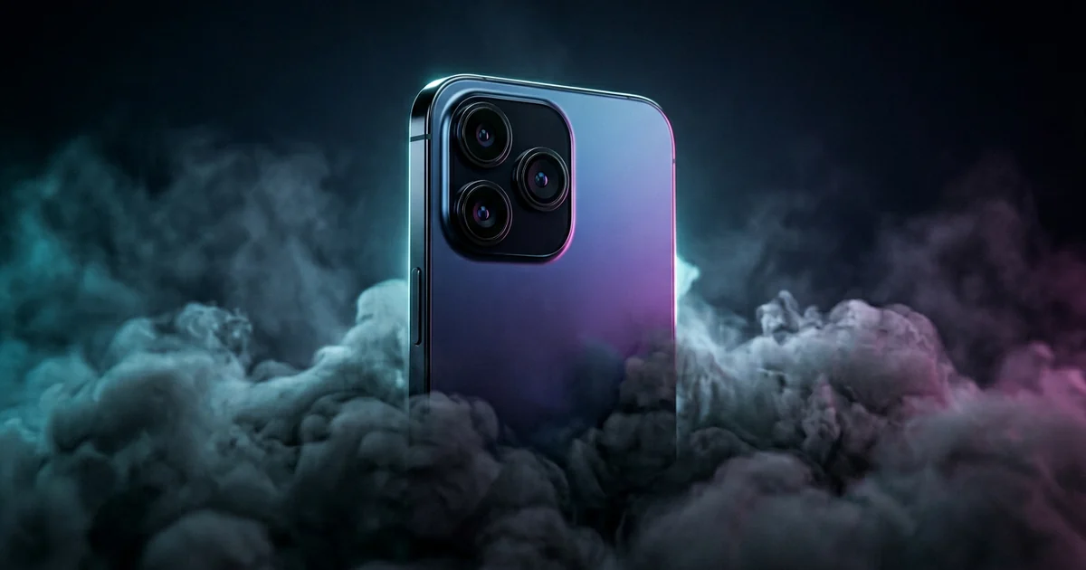 Realme P/Narzo সিরিজের পরবর্তী ফোন টিজার-স্টাইল হিরো শট — গাঢ় কুয়াশার মধ্যে আংশিকভাবে দৃশ্যমান গ্লসি গাঢ় নীল-পার্পল গ্রেডিয়েন্ট ব্যাক প্যানেল ও তিনটি বড় গোল ক্যামেরা লেন্স; পেছন থেকে নাটকীয় ব্যাকলাইটিং, সিয়ান ও ম্যাজেন্টা অ্যাকসেন্ট আলোয় ধোঁয়া আলোকিত; ৯,০০০mAh ব্যাটারি ও ১৬৫Hz ডিসপ্লে-র লিক, POCO X8 Pro Max-এর সাথে চ্যালেঞ্জের প্রতীক ২০২৬