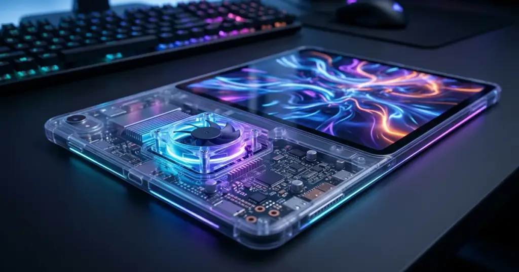 Red Magic Gaming Tablet 5 Pro মে ২০২৬ লঞ্চ — স্বচ্ছ বডির ভেতরে RGB-লাইট কুলিং সিস্টেম, টার্বোফ্যান ও সার্কিট বোর্ড দৃশ্যমান, গেমিং ডেস্কে