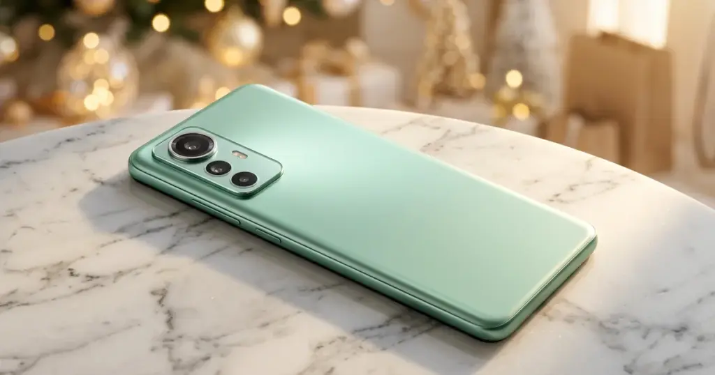 Redmi Note 13 5G — মিন্ট গ্রিন কালার ও ১০৮MP ক্যামেরা মডিউল, সাদা মার্বেল টেবিলে সাজানো বাজেট 5G স্মার্টফোন