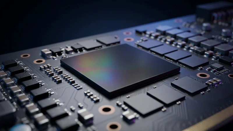 GPU সিলিকন চিপ ম্যাক্রো ক্লোজ-আপ — সার্কিট বোর্ডে ক্যাপাসিটর, MOSFET ও HBM মেমরি মডিউল, RTX Pro Blackwell আর্কিটেকচার ভিজ্যুয়াল