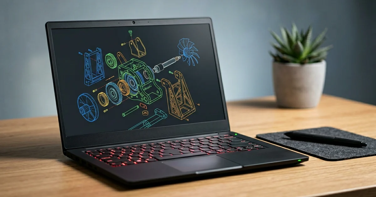 Lenovo ThinkPad-স্টাইল ব্ল্যাক ওয়ার্কস্টেশন ল্যাপটপ — স্ক্রিনে রঙিন 3D CAD ওয়্যারফ্রেম মেকানিক্যাল অ্যাসেম্বলি, RTX Pro GPU পারফরম্যান্স ডেমো