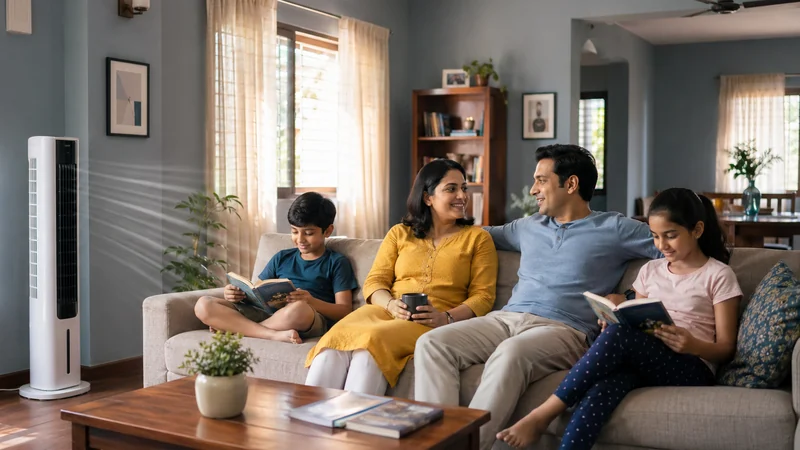 ভারতীয় পরিবার লিভিং রুমে টাওয়ার কুলার ব্যবহার