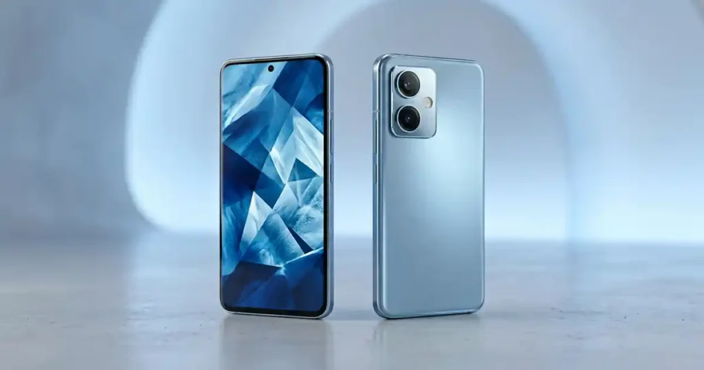 Vivo T5 Pro 5G গ্লেসিয়ার ব্লু রঙে সামনে ও পেছনের দিক দেখা যাচ্ছে