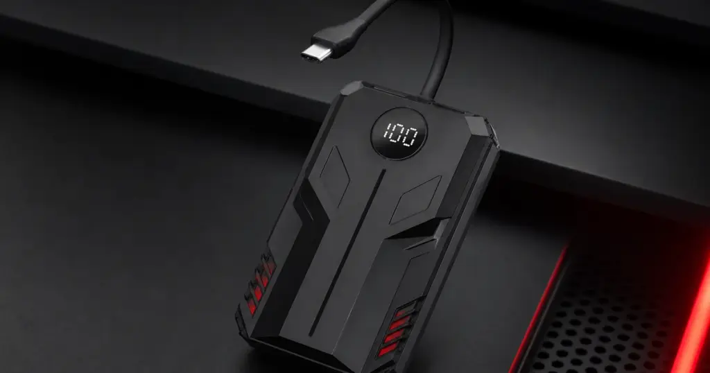 Lenovo Legion P5 পাওয়ার ব্যাংক: কমপ্যাক্ট ব্ল্যাক শেল, ডিজিটাল ডিসপ্লে ও বিল্ট-ইন USB-C কেবল