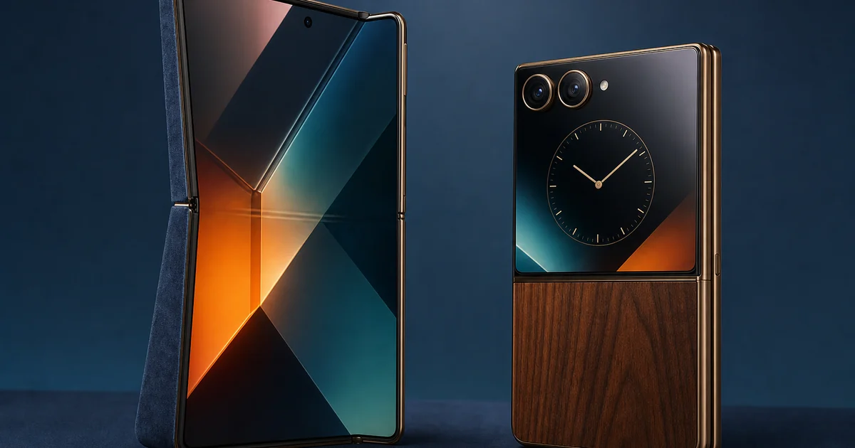 Motorola Razr Ultra 2026 — কাঠ ফিনিশ ও Alcantara ব্লু সহ ক্ল্যামশেল ফোল্ডেবল ফ্ল্যাগশিপ ফোন, ৪ ইঞ্চি কভার স্ক্রিন ও ৭ ইঞ্চি ভেতরের AMOLED ডিসপ্লে দৃশ্যমান