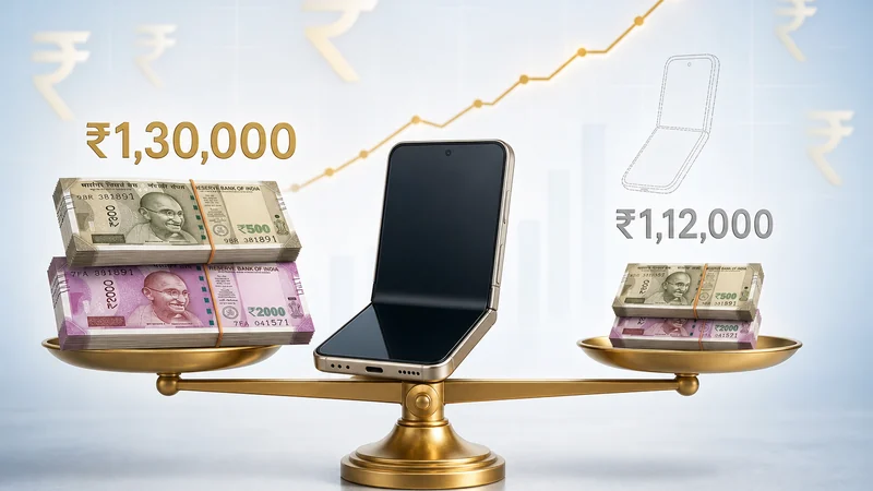 Razr Ultra 2026 ভারতে ₹১,৩০,০০০ ও ২০২৫ মডেলের ₹১,১২,০০০ দামের তুলনা একটি গোল্ডেন স্কেলে রুপি নোট সহ দেখানো হয়েছে