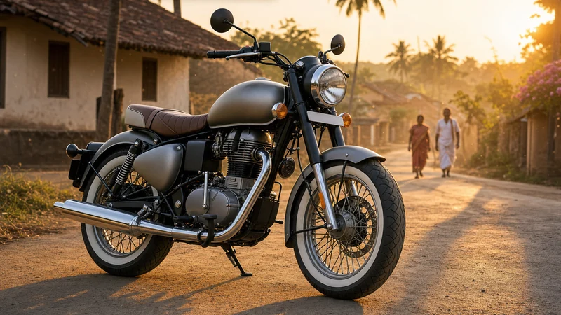 Royal Enfield Classic 350cc মোটরসাইকেল ভারতের গ্রামীণ রাস্তায় সূর্যাস্তের আলোয় পার্ক করা — ভারতের সবচেয়ে জনপ্রিয় 350cc মিড-সাইজ মোটরসাইকেল সেগমেন্ট